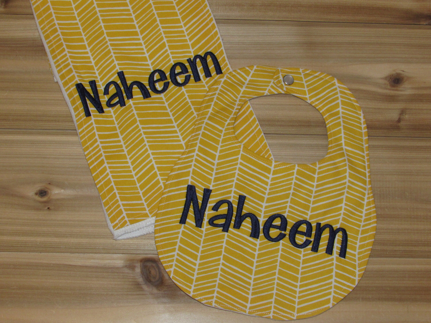 Personalized Boutique Bib and Burp Cloth - Yellow Herringbone