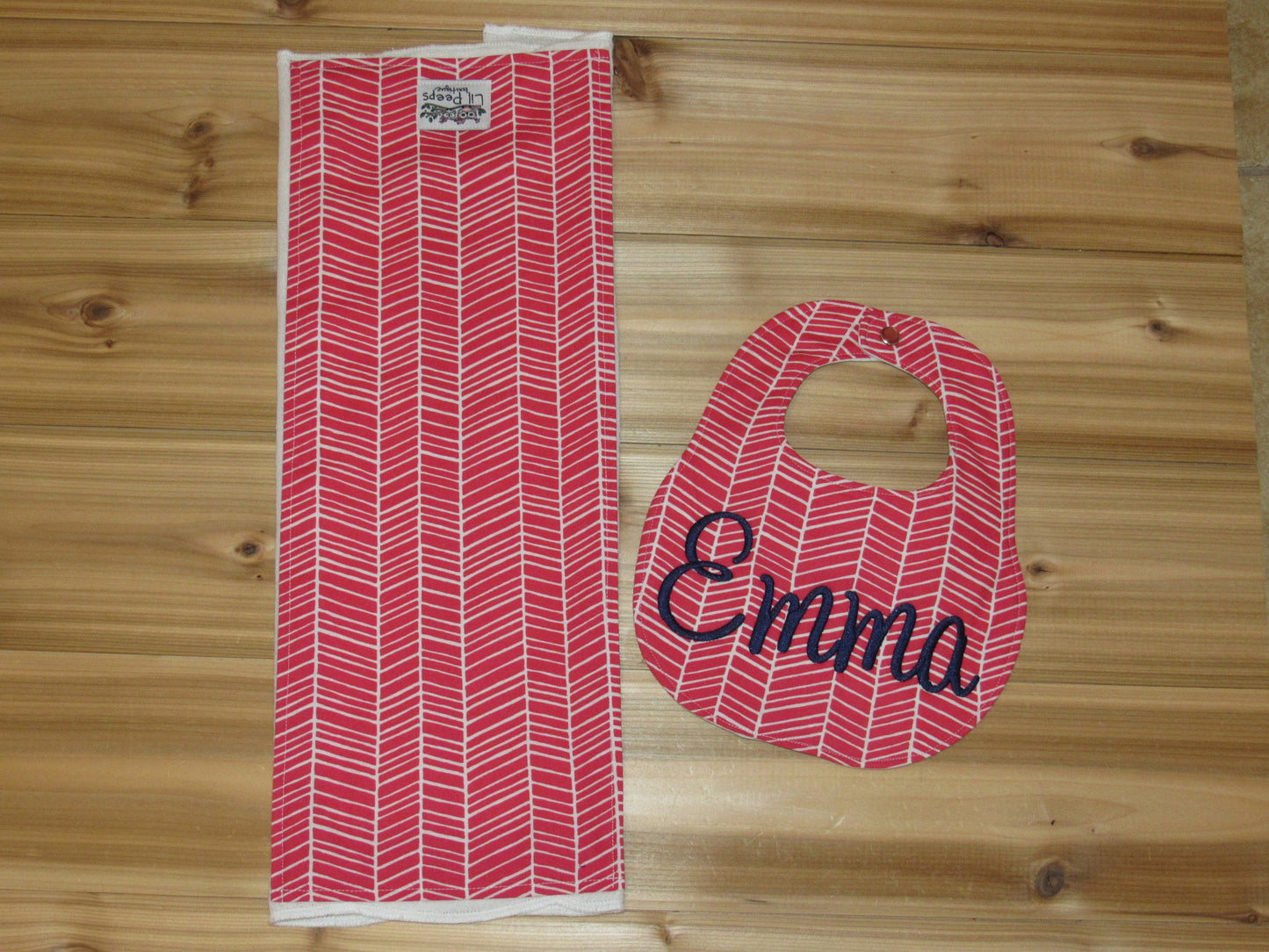 Personalized Boutique Bib and Burp Cloth - Pink Herringbone