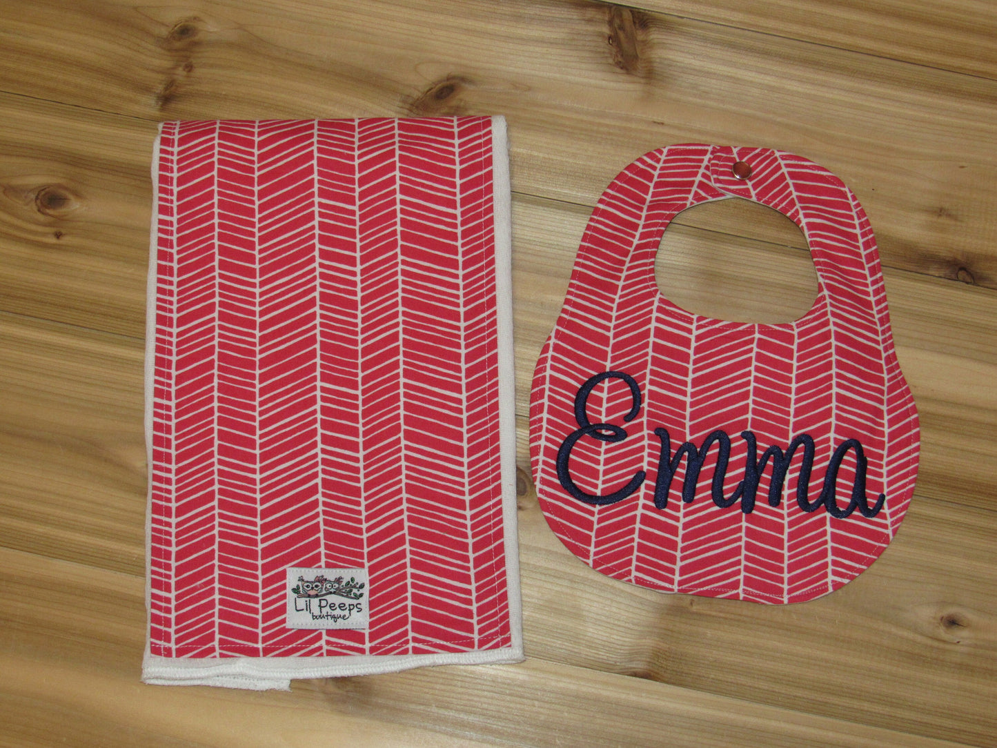 Personalized Boutique Bib and Burp Cloth - Pink Herringbone