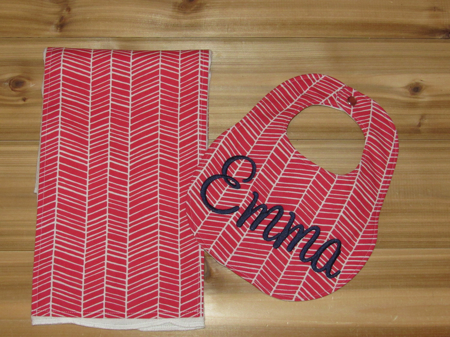 Personalized Boutique Bib and Burp Cloth - Pink Herringbone