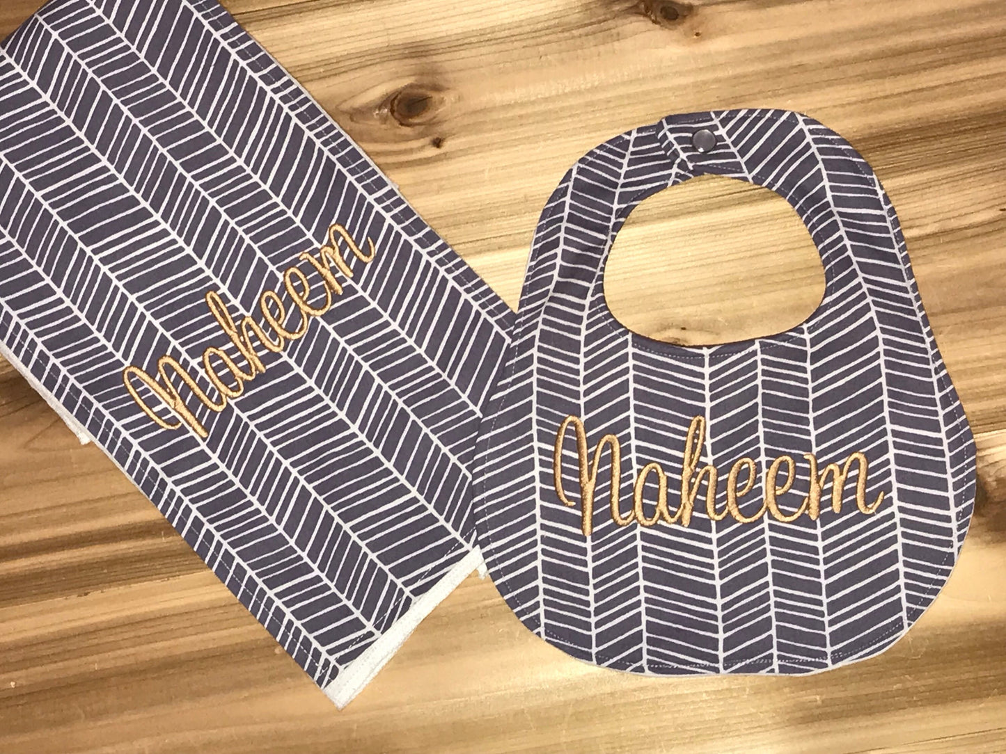 Personalized Boutique Bib and Burp Cloth - Gray Herringbone