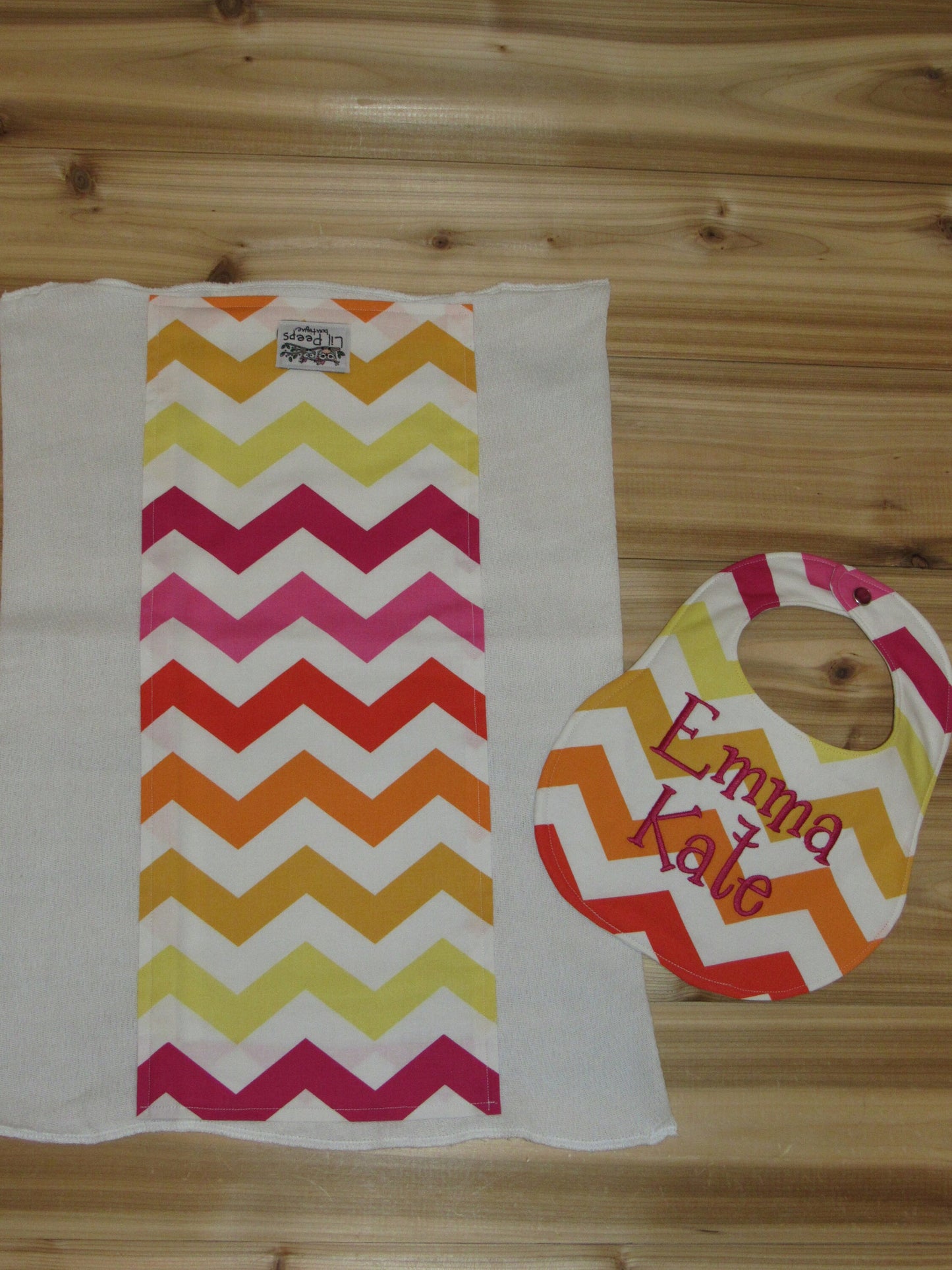 Personalized Rainbow Girl Chevron Boutique Bib and Burp Cloth set