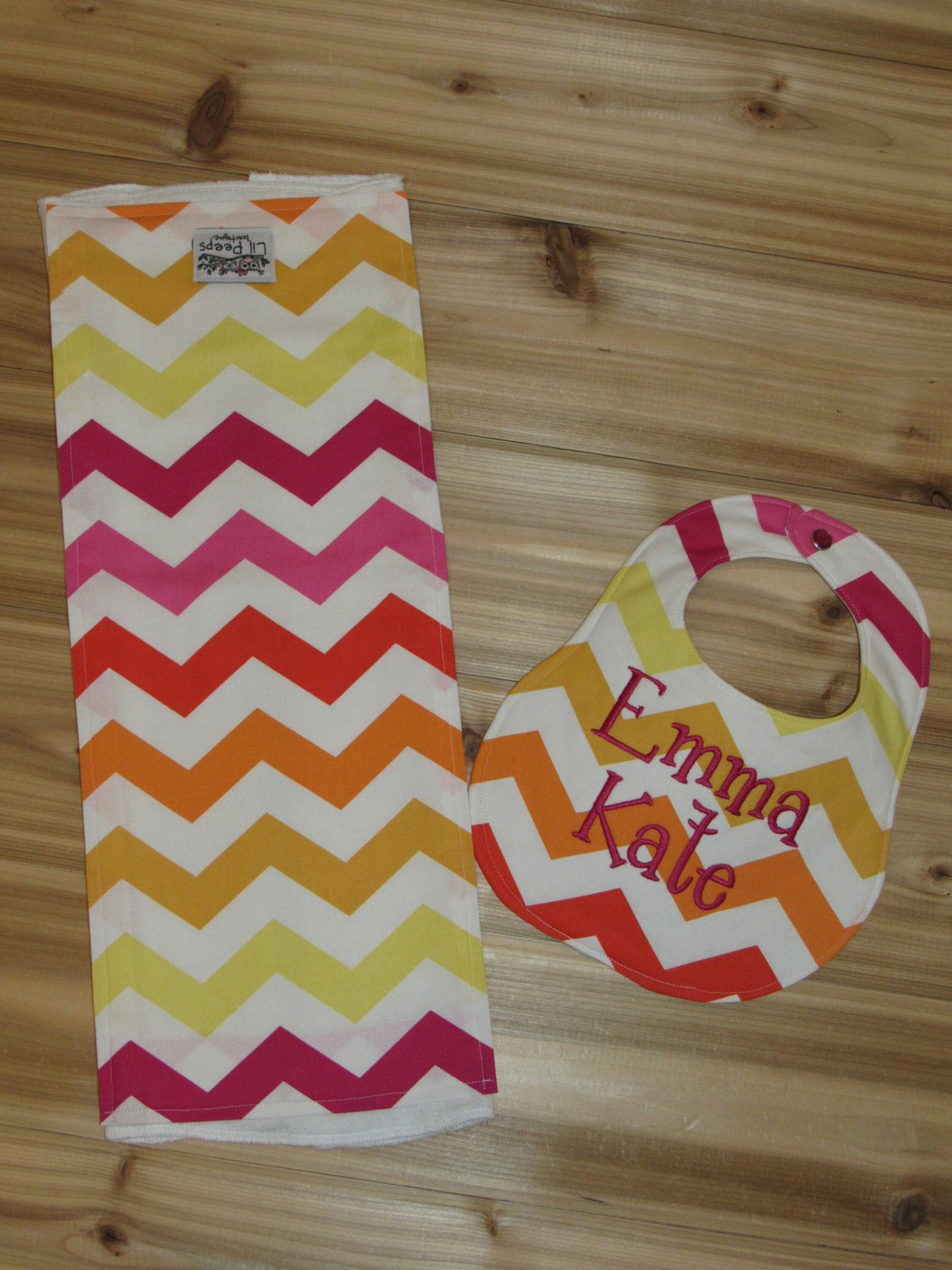 Personalized Rainbow Girl Chevron Boutique Bib and Burp Cloth set