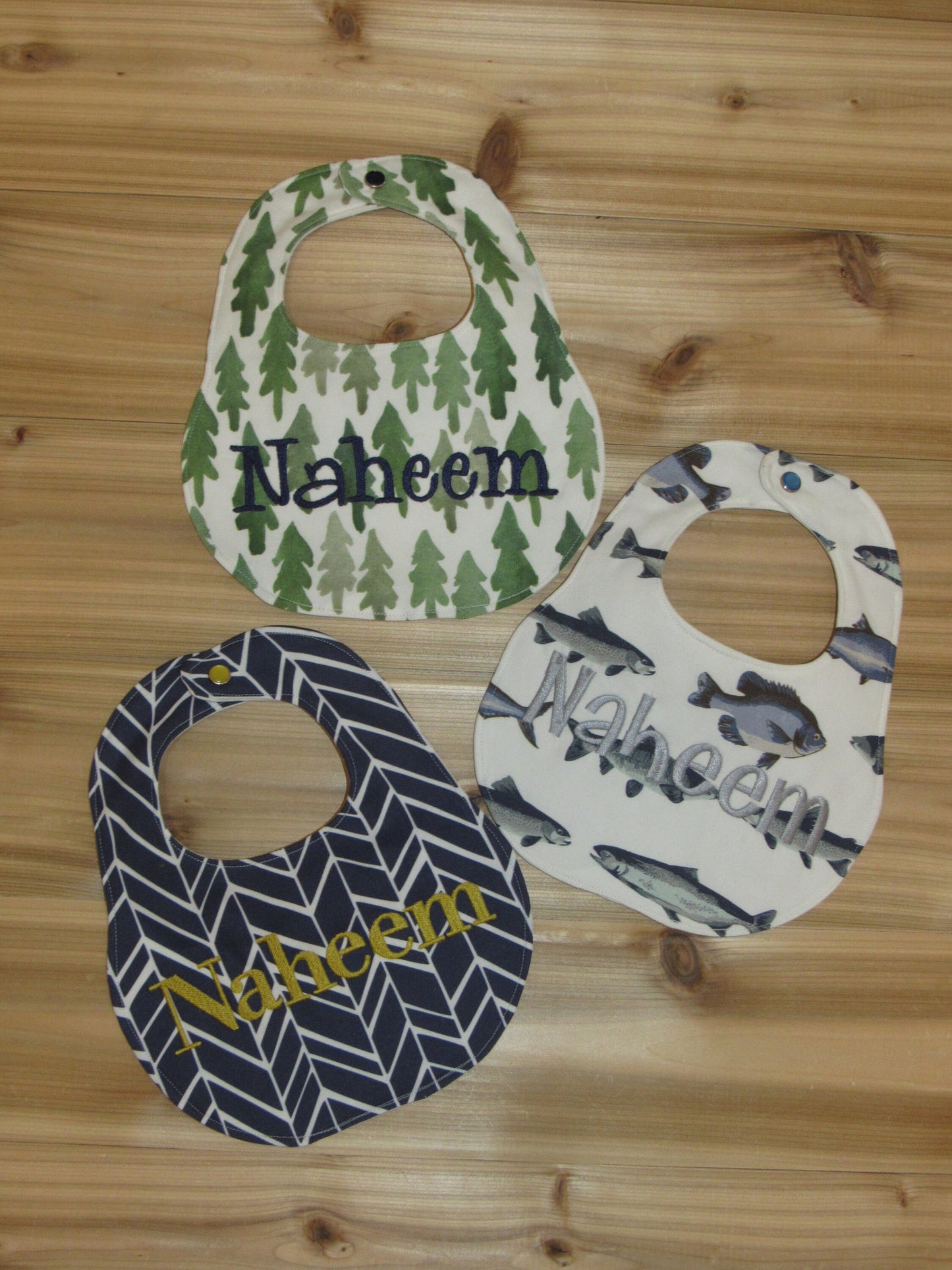 Set of 3 -Personalized Bib Set - Perfect Boy Collection - Fish, Trees, Herringbone