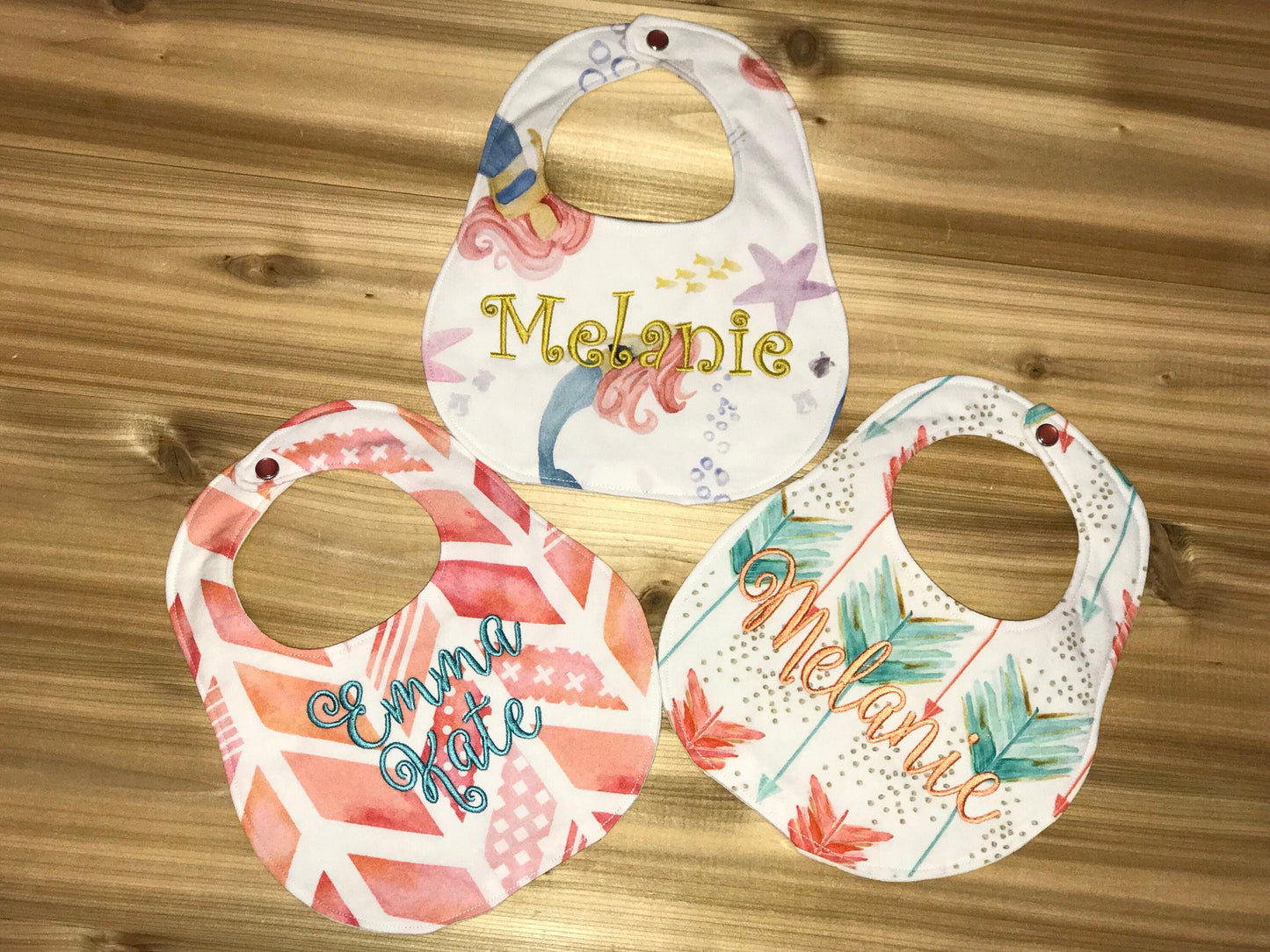 Set of 3 bibs -Coral Set - Coral Herringbone, Mermaids, Arrows