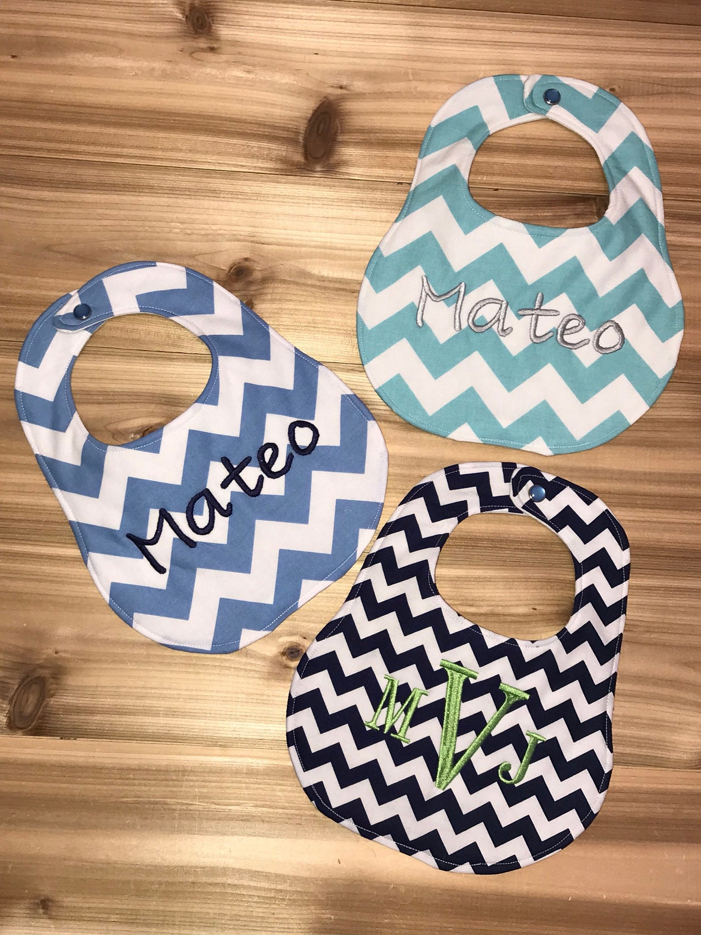 Set of 3 - Personalized Bib Set - Blue Chevron Set