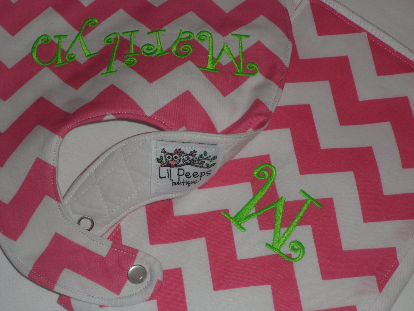 Personalized Hot Pink Chevron Boutique Bib and Burp Cloth set