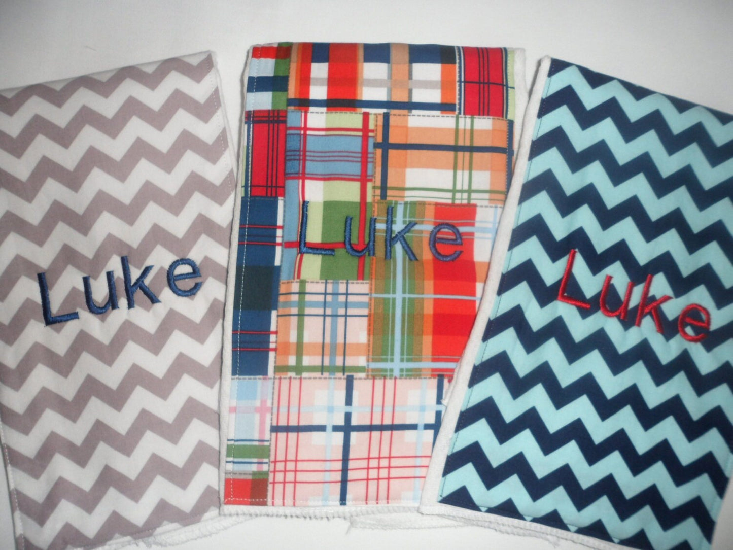 Personalized Boy Burp Cloth Set of 3 - Grey Chevron, Madras Plaid, Blue Chevron