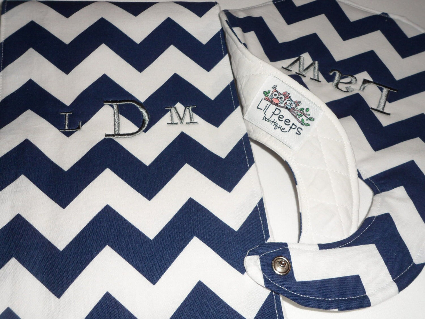 Personalized Bib and Burp Set - Navy Blue Chevron Boutique Bib and Burp Cloth set