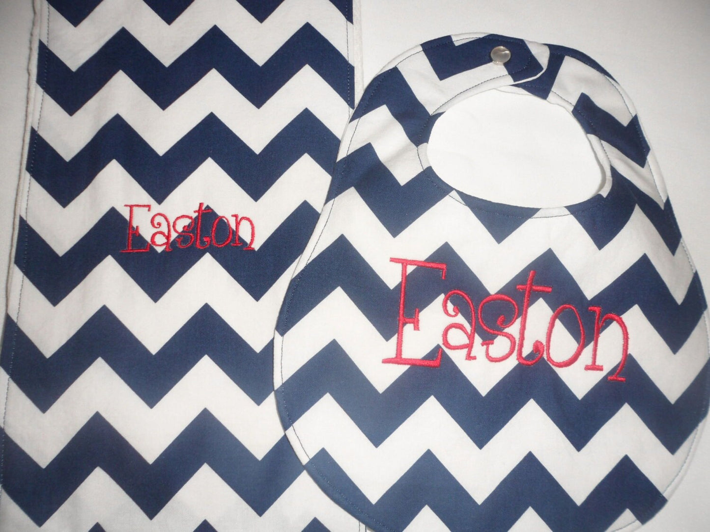 Personalized Bib and Burp Set - Navy Blue Chevron Boutique Bib and Burp Cloth set