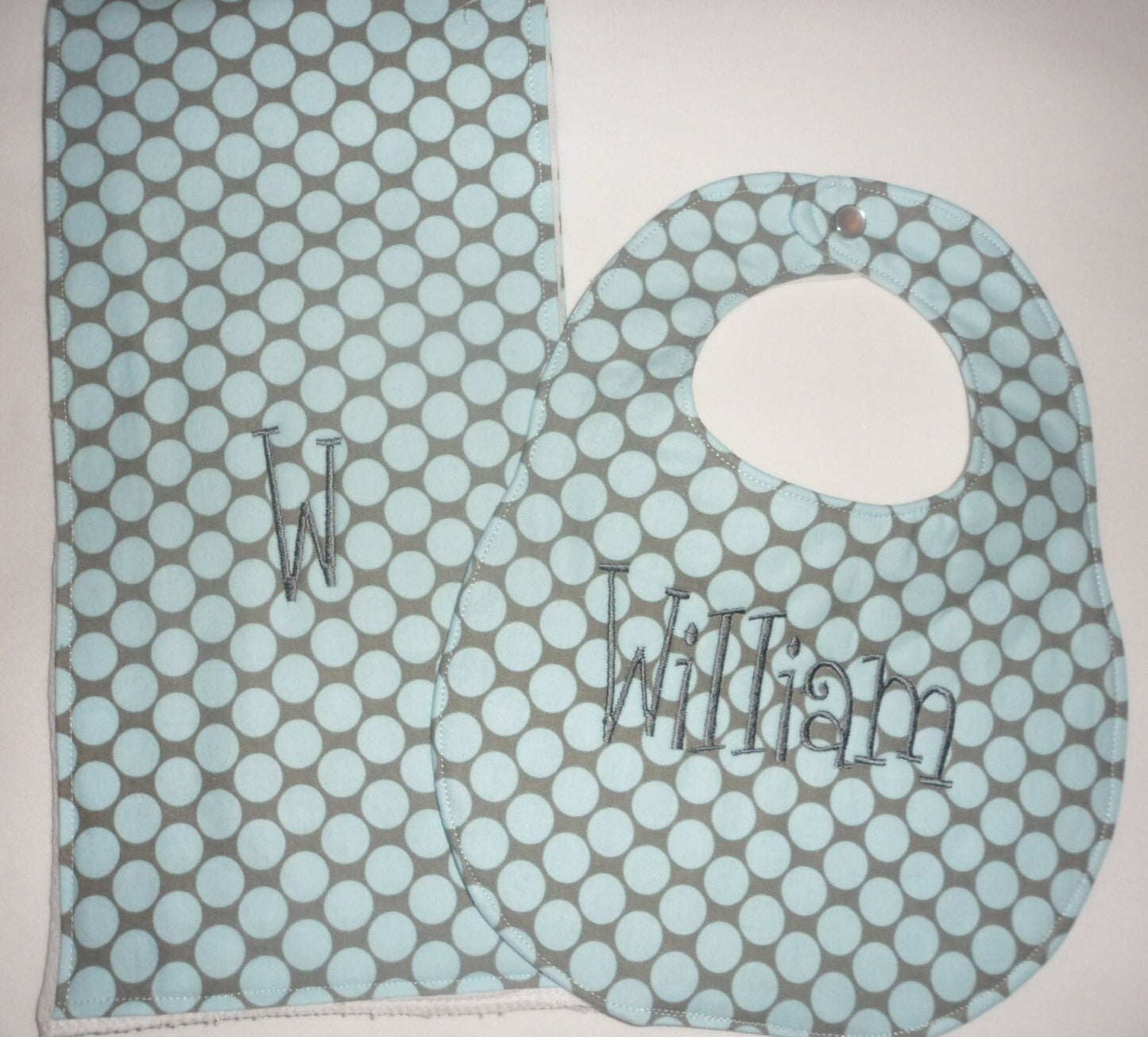 Personalized Boutique Bib and Burp Cloth - Grey and Blue Polka Dot