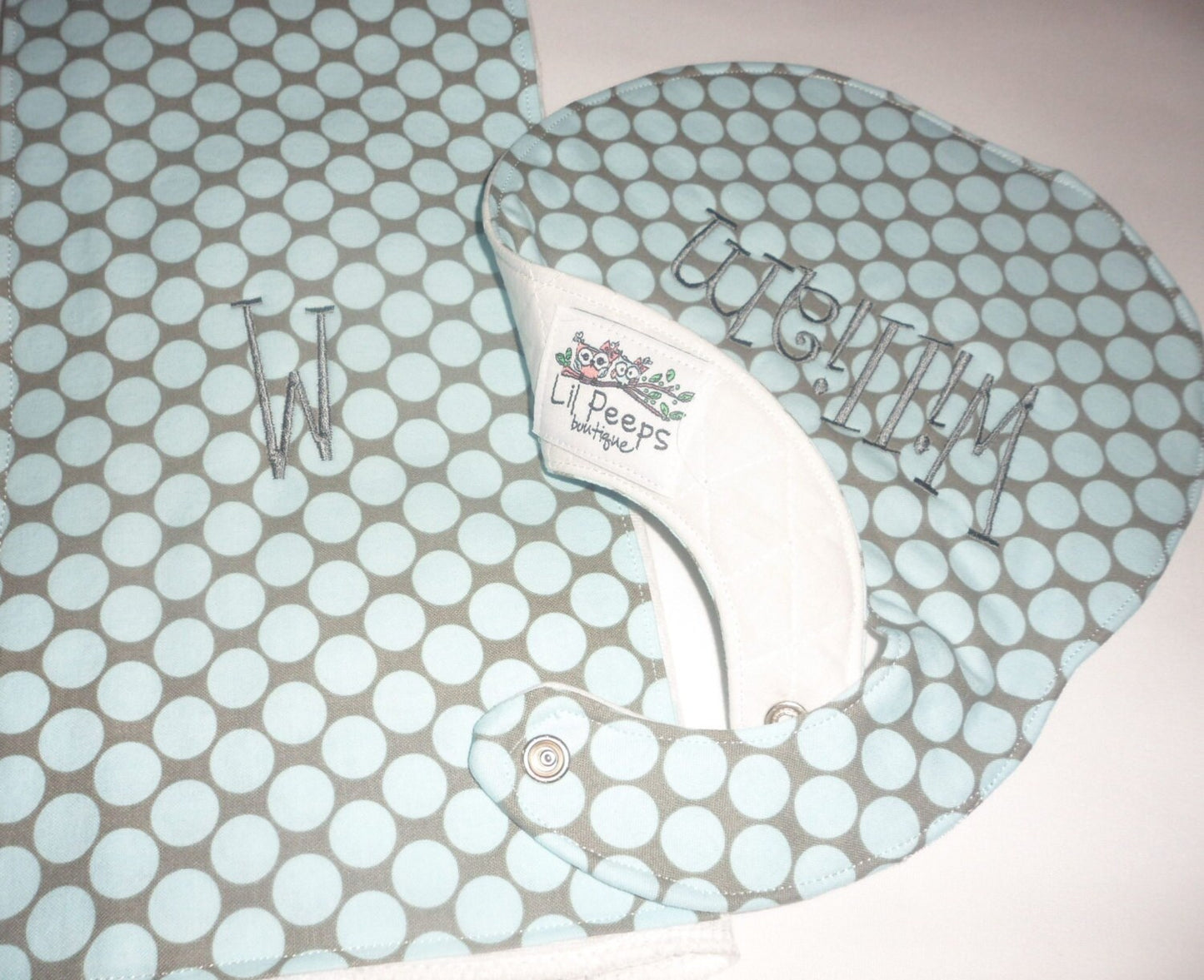 Personalized Boutique Bib and Burp Cloth - Grey and Blue Polka Dot