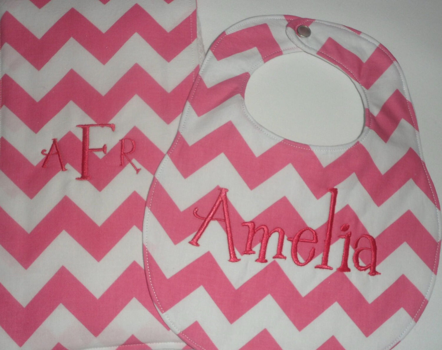 Personalized Hot Pink Chevron Boutique Bib and Burp Cloth set