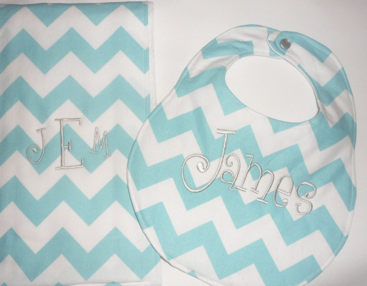 Personalized Aqua Blue Chevron Boutique Bib and Burp Cloth set