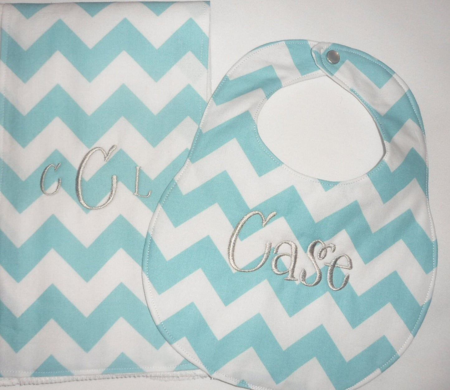 Personalized Aqua Blue Chevron Boutique Bib and Burp Cloth set