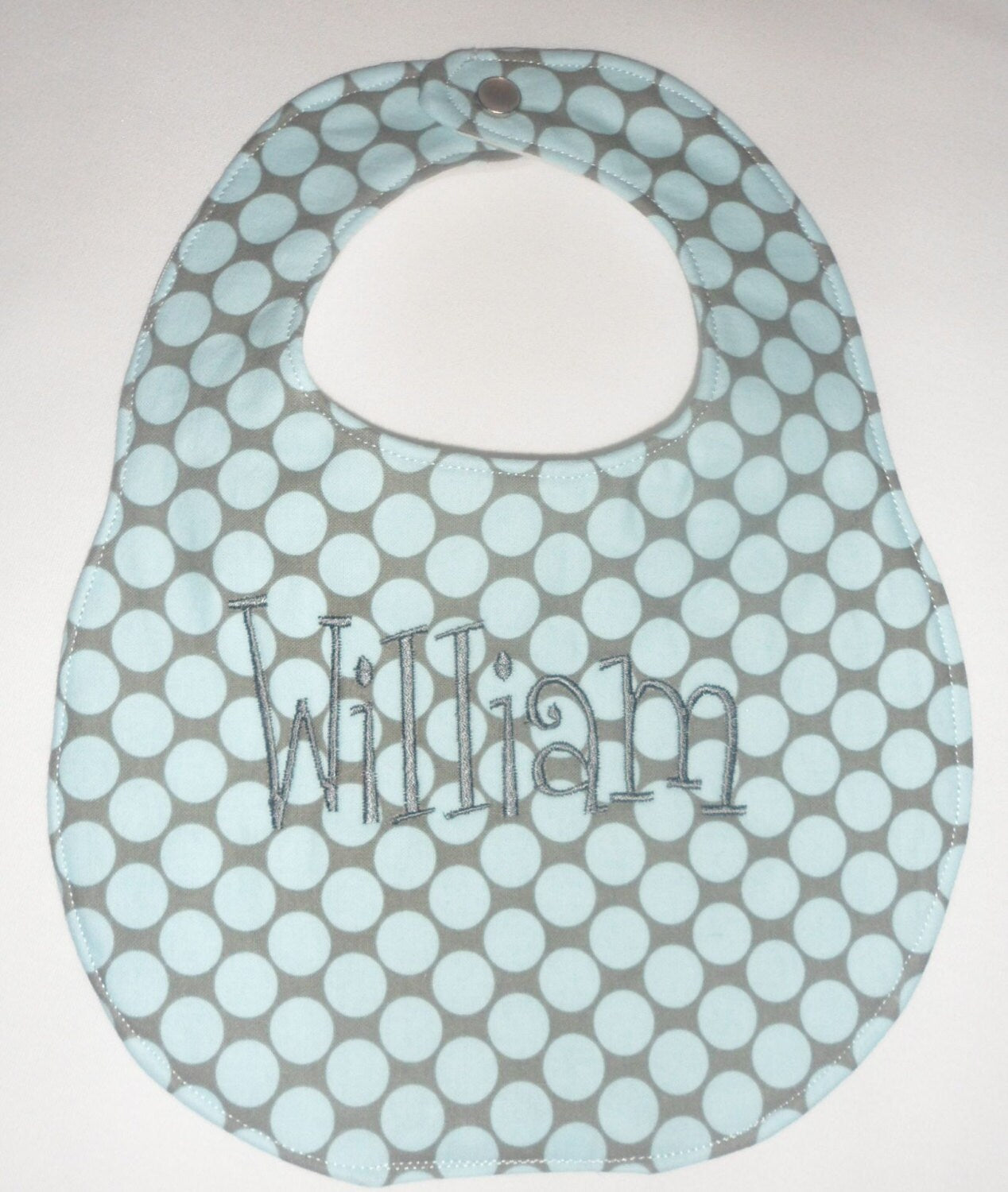 Personalized Boutique Bib and Burp Cloth - Grey and Blue Polka Dot