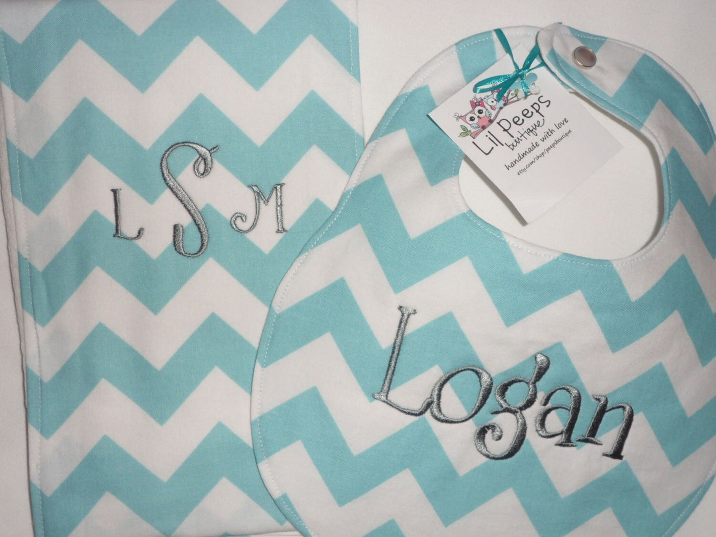 Personalized Aqua Blue Chevron Boutique Bib and Burp Cloth set