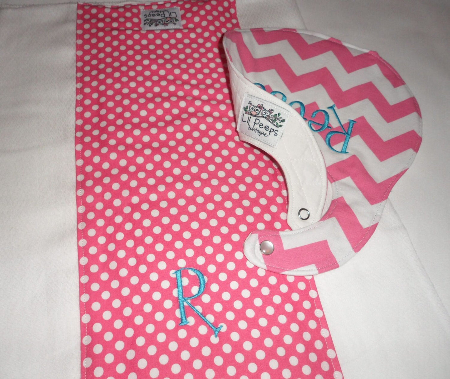 Personalized Hot Pink Chevron Boutique Bib & Hot Pink Polka Dot Burp Cloth set