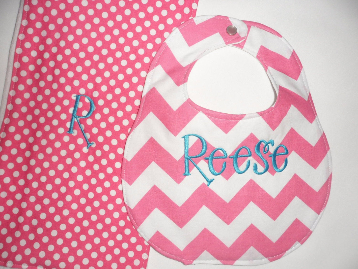 Personalized Hot Pink Chevron Boutique Bib & Hot Pink Polka Dot Burp Cloth set