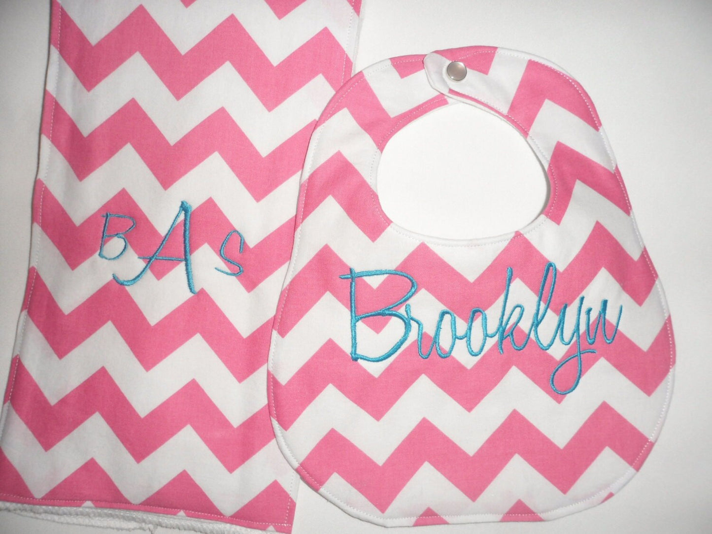 Personalized Hot Pink Chevron Boutique Bib and Burp Cloth set