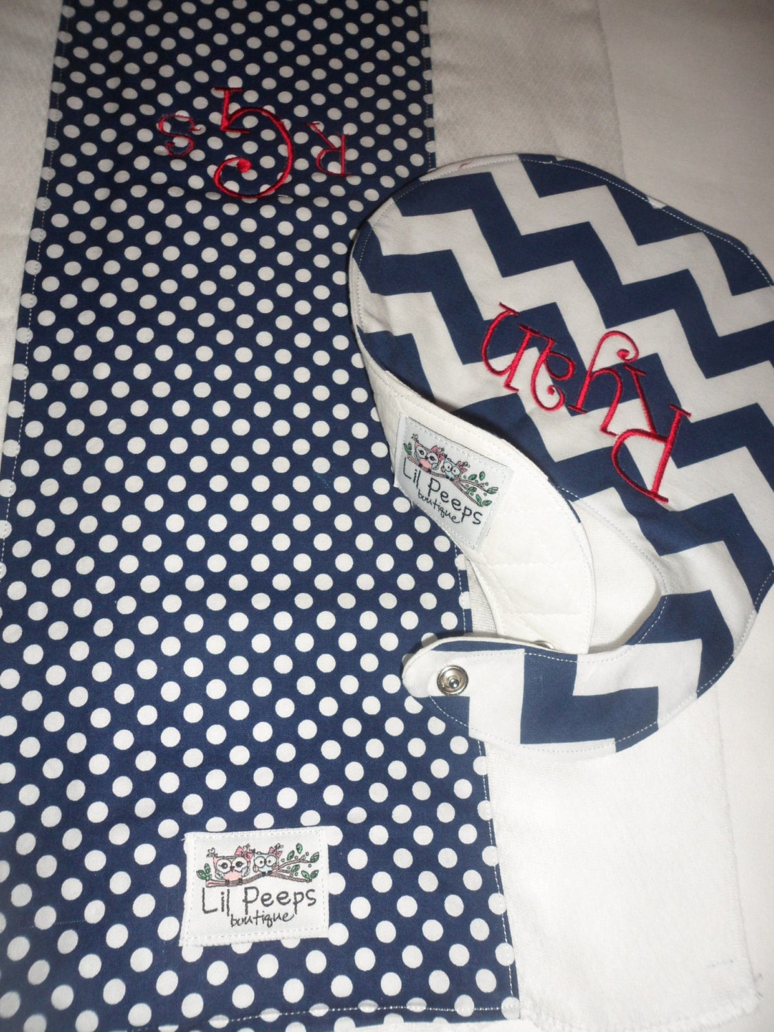 Personalized Bib and Burp Cloth set -Navy Chevron Boutique Bib and Navy Polka Dot Burp Cloth set - Custom Monogram