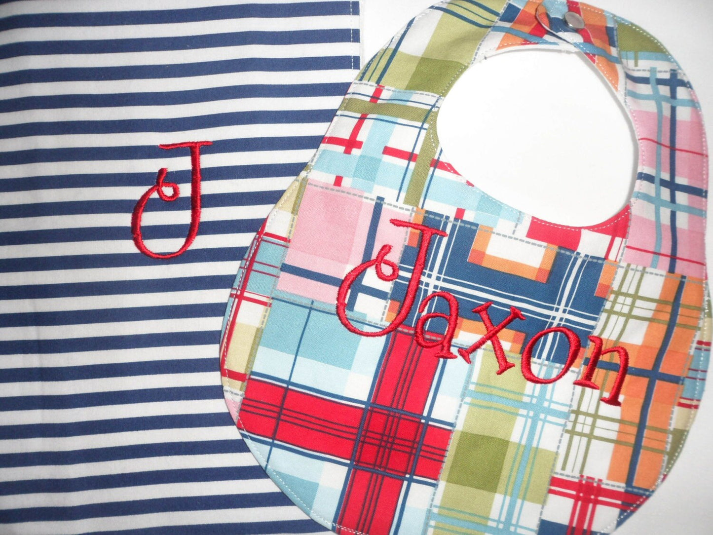 Personalized Madras Plaid Boutique Bib and Navy Striped Burp Cloth set - Personalized