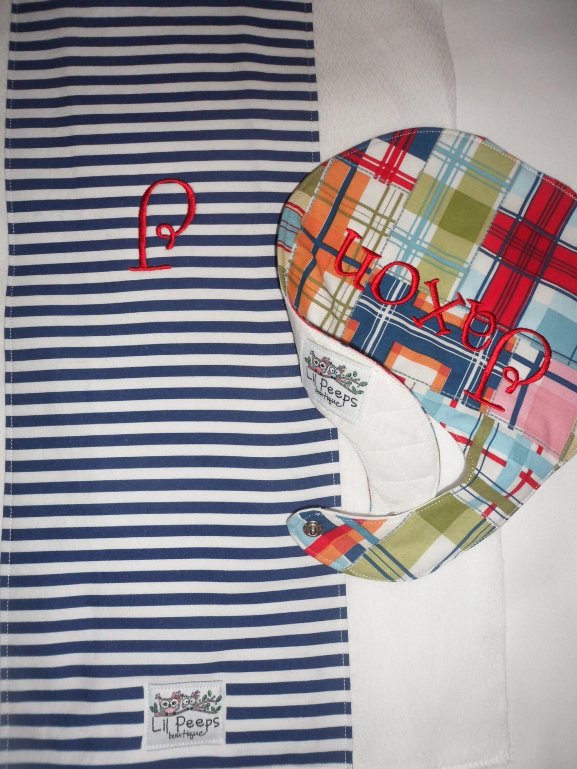 Personalized Madras Plaid Boutique Bib and Navy Striped Burp Cloth set - Personalized