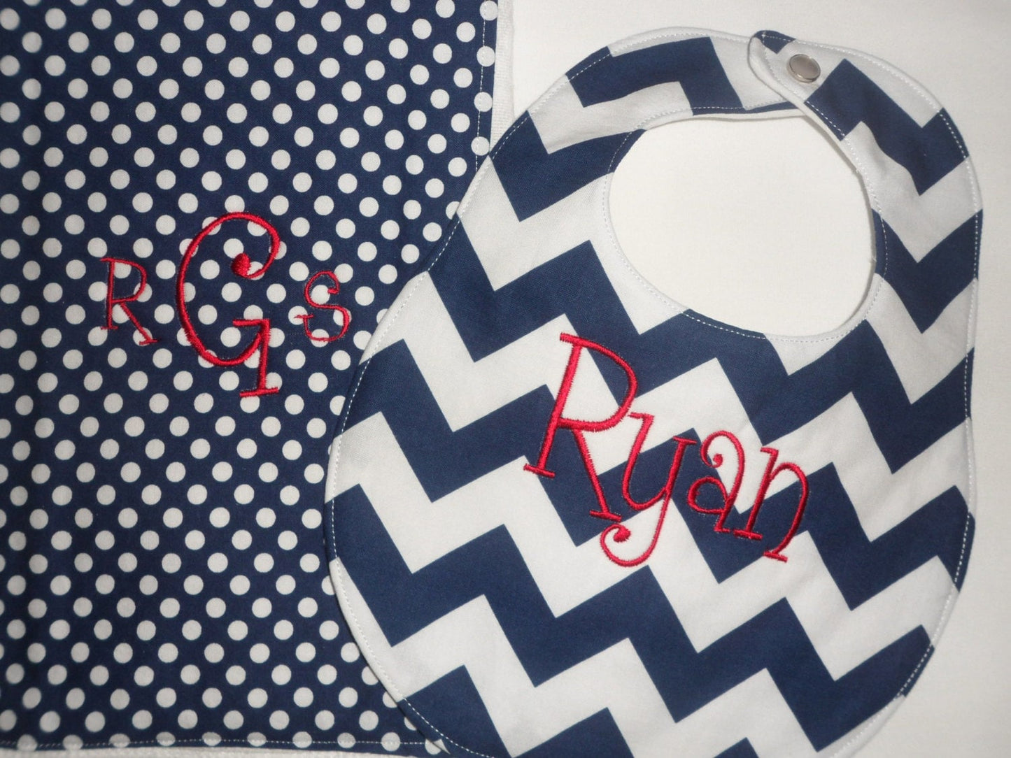 Personalized Bib and Burp Cloth set -Navy Chevron Boutique Bib and Navy Polka Dot Burp Cloth set - Custom Monogram