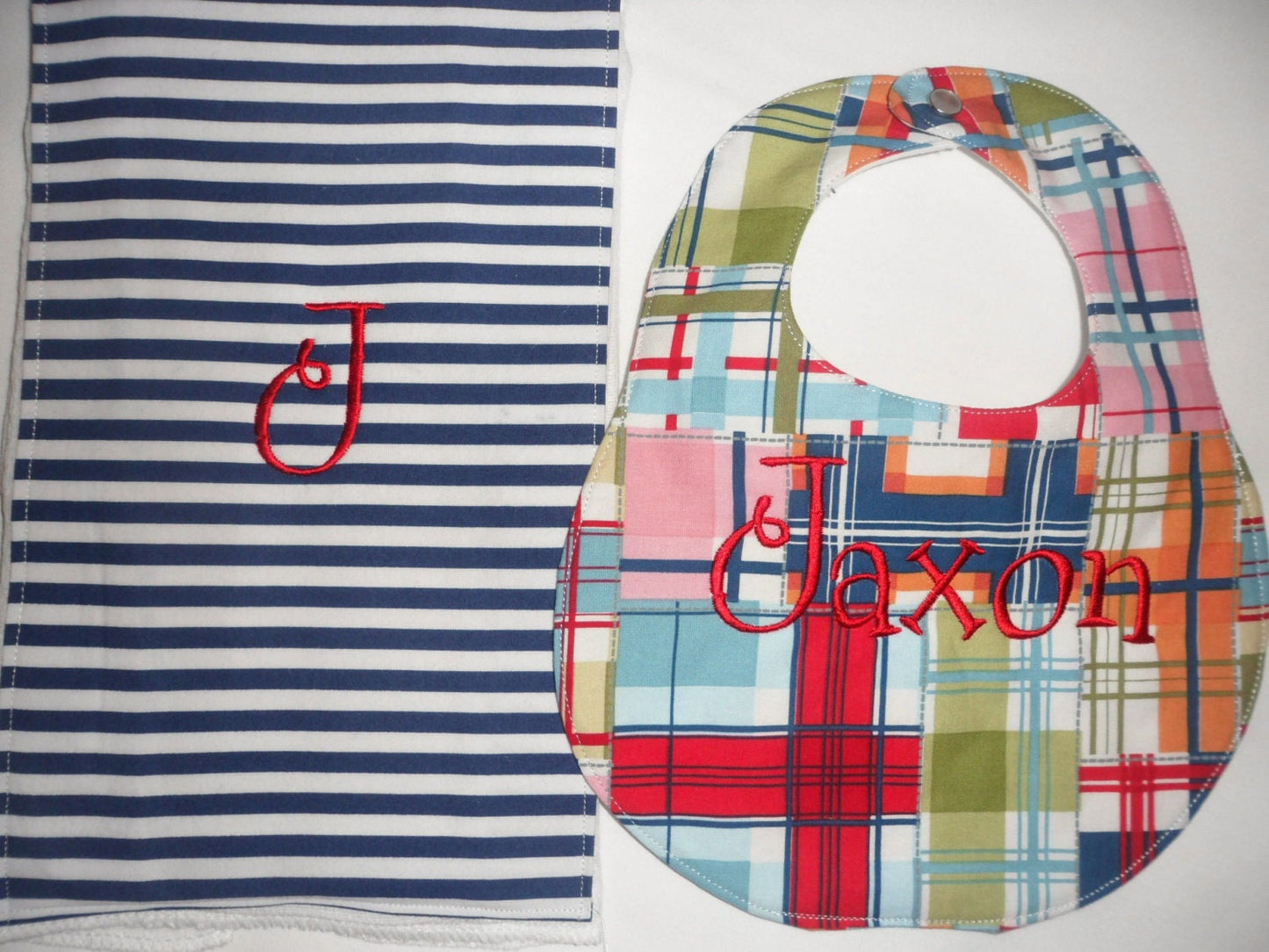 Personalized Madras Plaid Boutique Bib and Navy Striped Burp Cloth set - Personalized