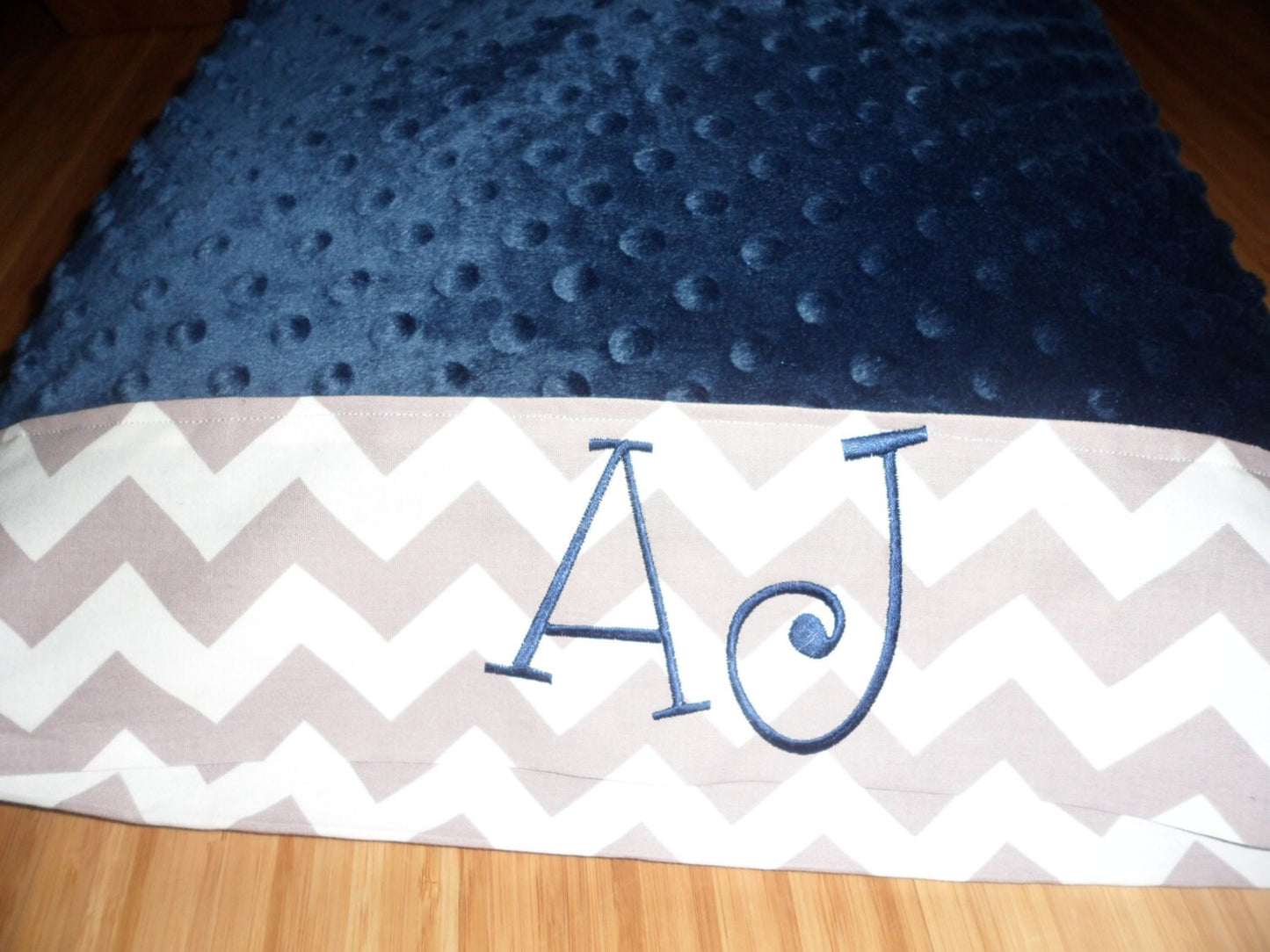 Pillowcase -Personalized Minky Pillowcase  - Navy Minky with Grey Chevron