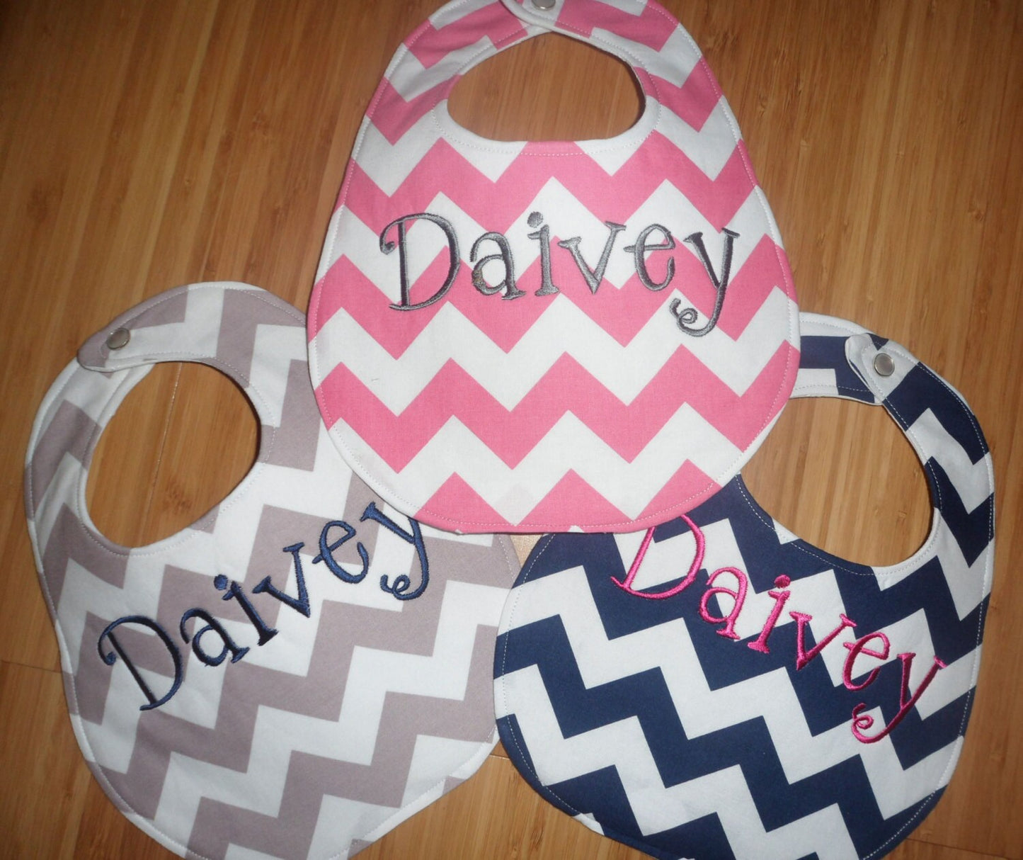 Set of 3 Personalized Bibs-  Chevron- Navy, Hot Pink & Grey