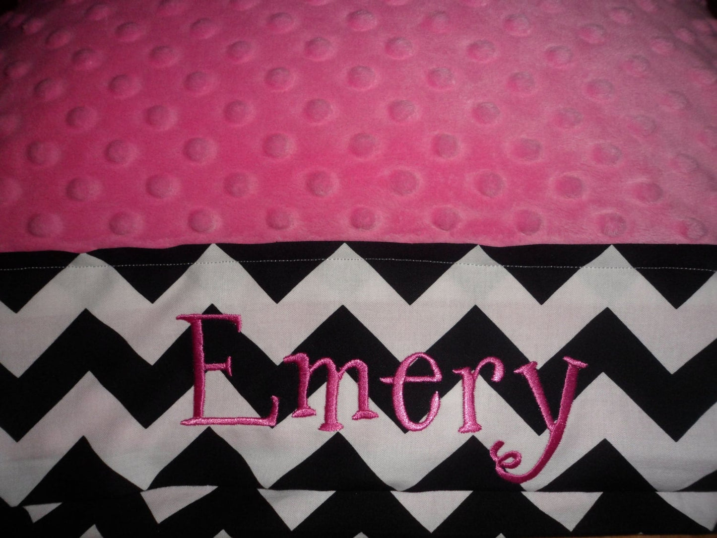 Personalized Minky Pillowcase  - Fuchsia Minky with Black and White Chevron