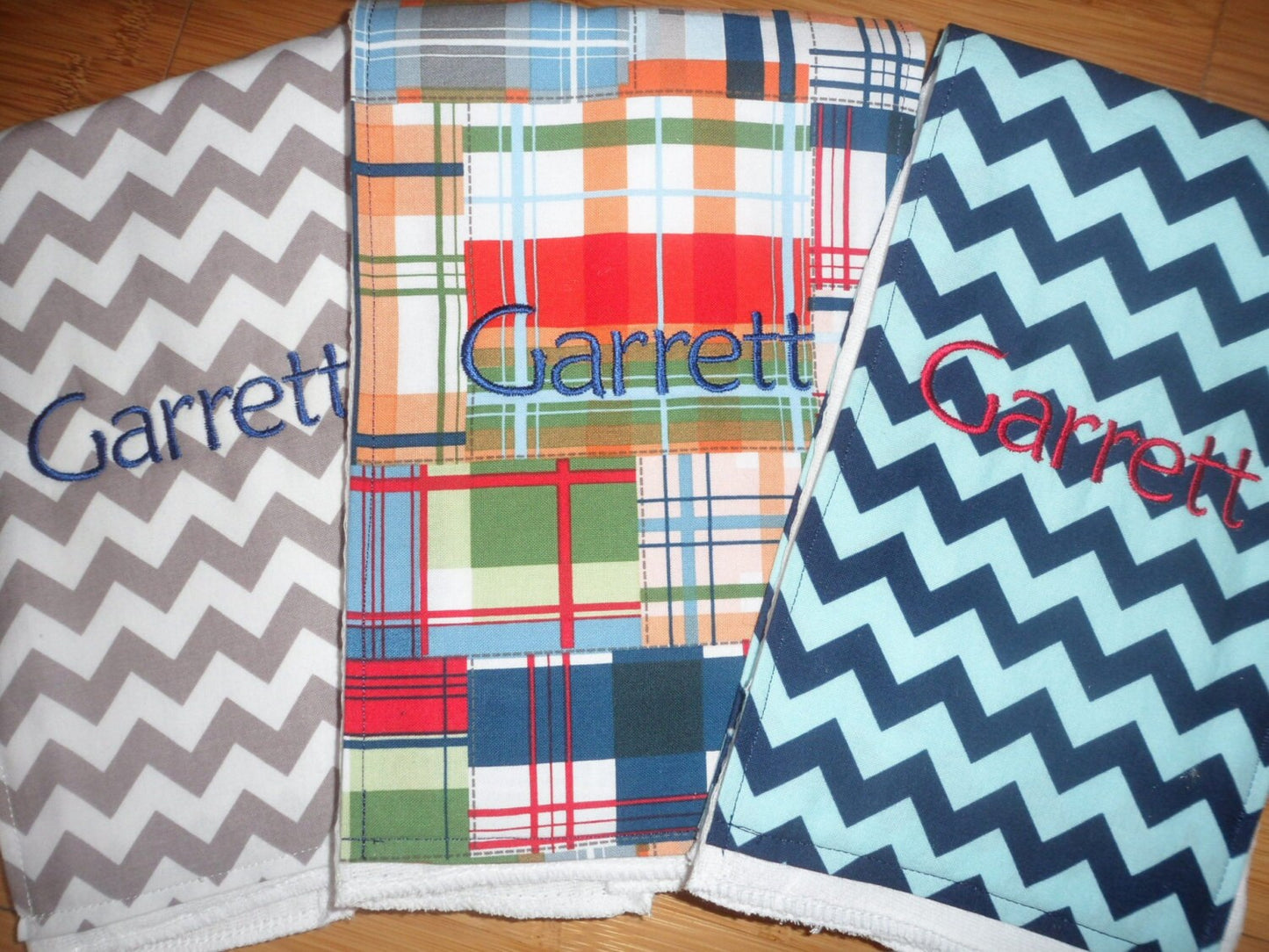 Personalized Boy Burp Cloth Set of 3 - Grey Chevron, Madras Plaid, Blue Chevron