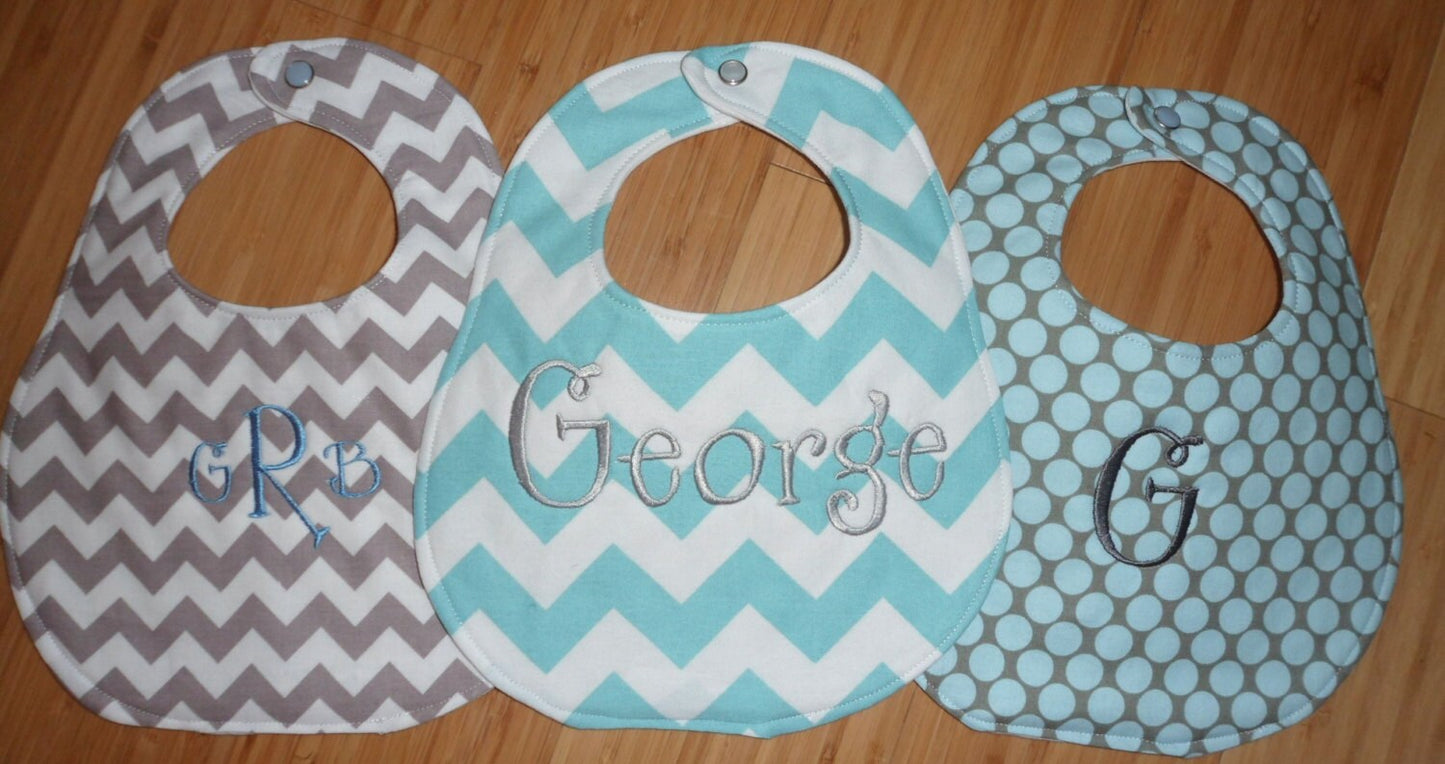 Set of 3 Personalized Bib Set - Grey and Blue - Chevron and Polka Dots