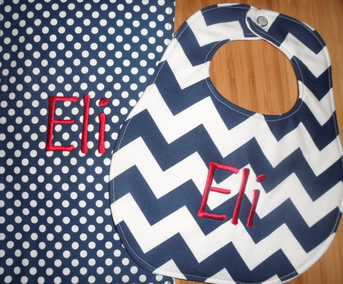 Personalized Bib and Burp Cloth set -Navy Chevron Boutique Bib and Navy Polka Dot Burp Cloth set - Custom Monogram