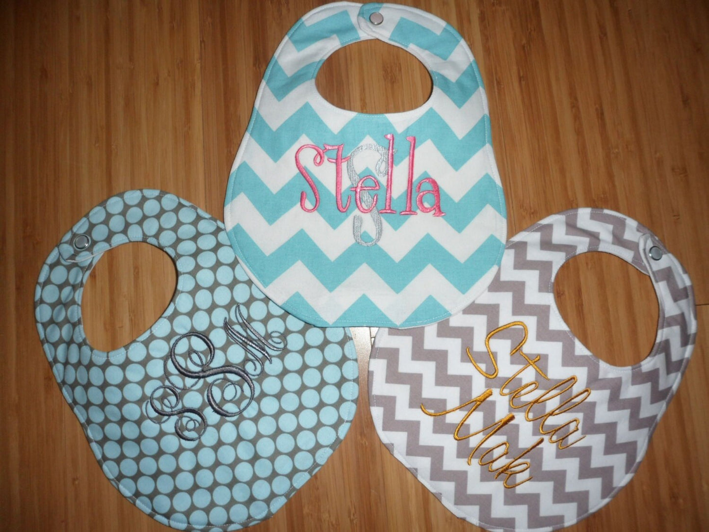 Set of 3 Personalized Bib Set - Grey and Blue - Chevron and Polka Dots