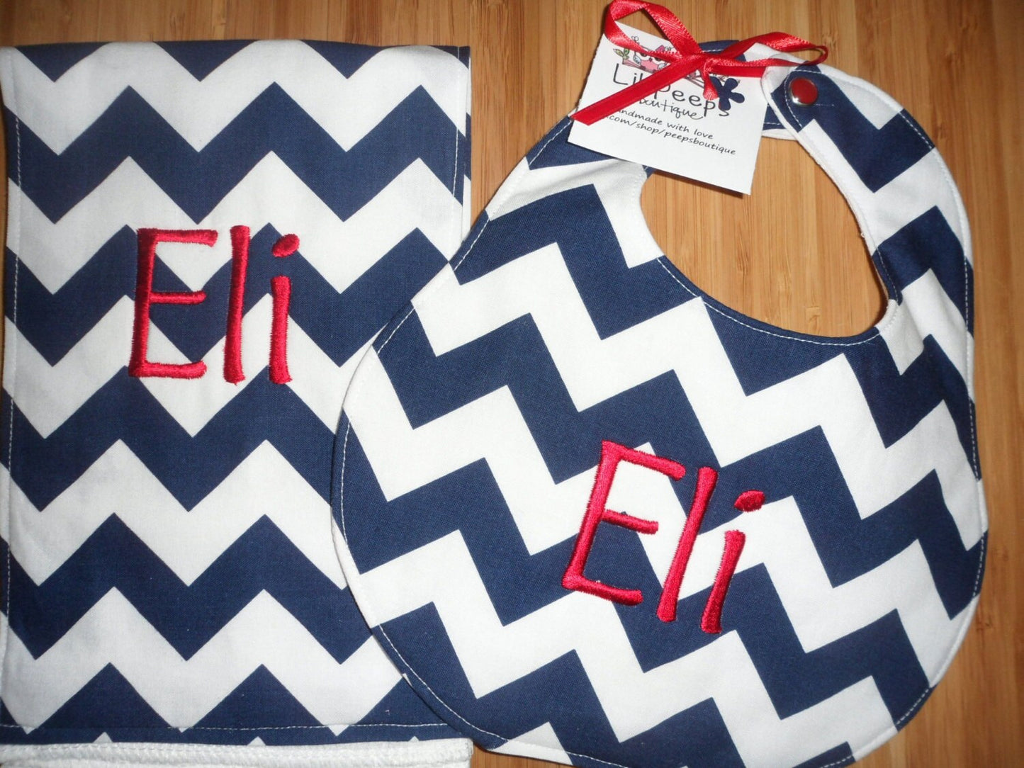 Personalized Bib and Burp Set - Navy Blue Chevron Boutique Bib and Burp Cloth set