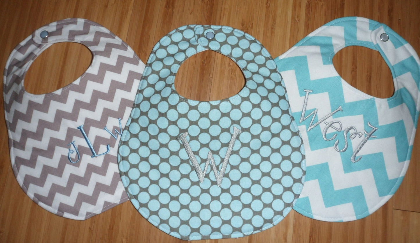 Set of 3 Personalized Bibs - Grey and Blue - Chevron and Polka Dots