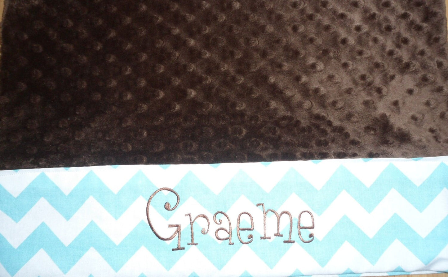 Pillowcase -Personalized Minky Pillowcase  - Brown Minky with Aqua Chevron