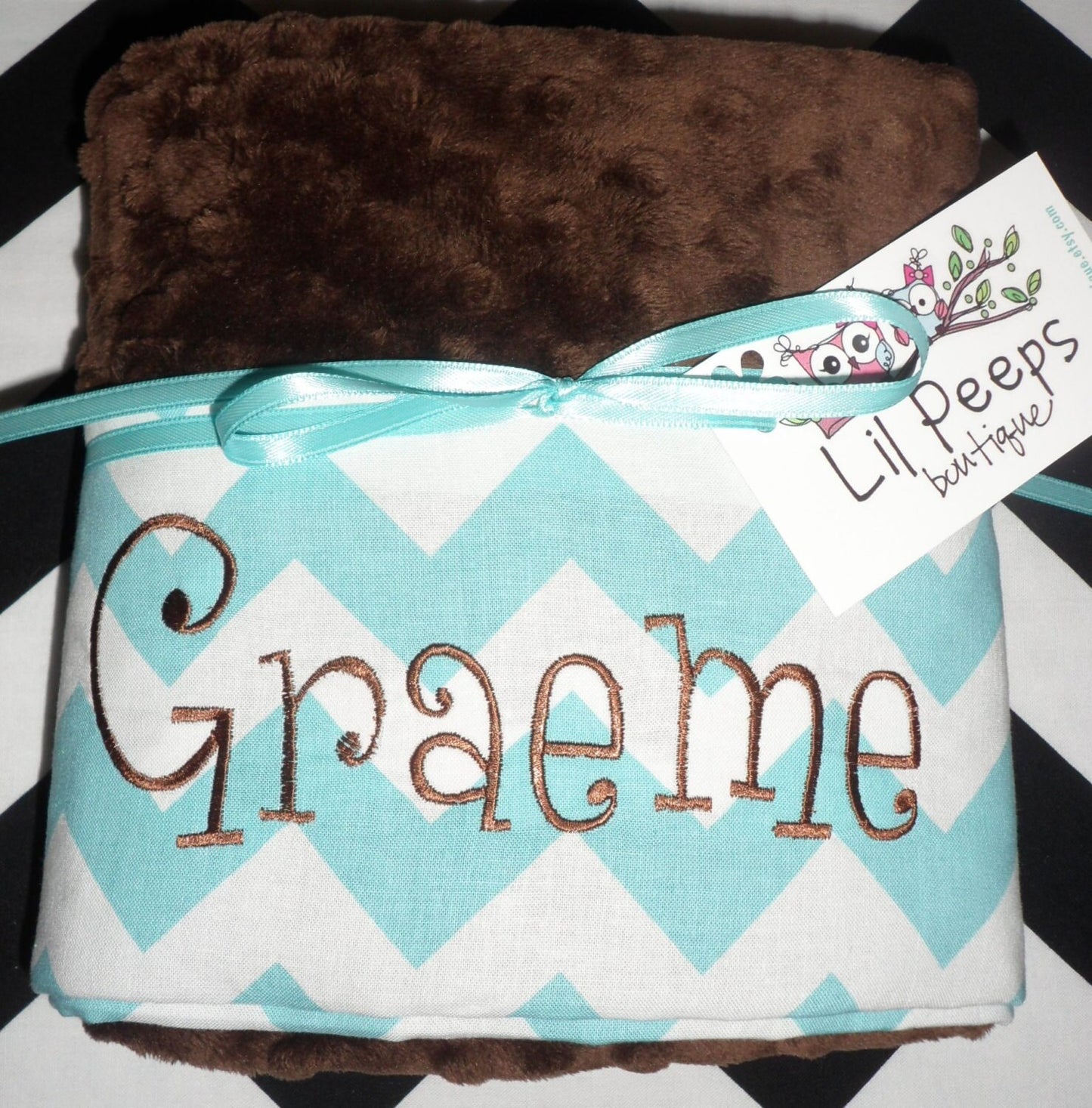 Pillowcase -Personalized Minky Pillowcase  - Brown Minky with Aqua Chevron