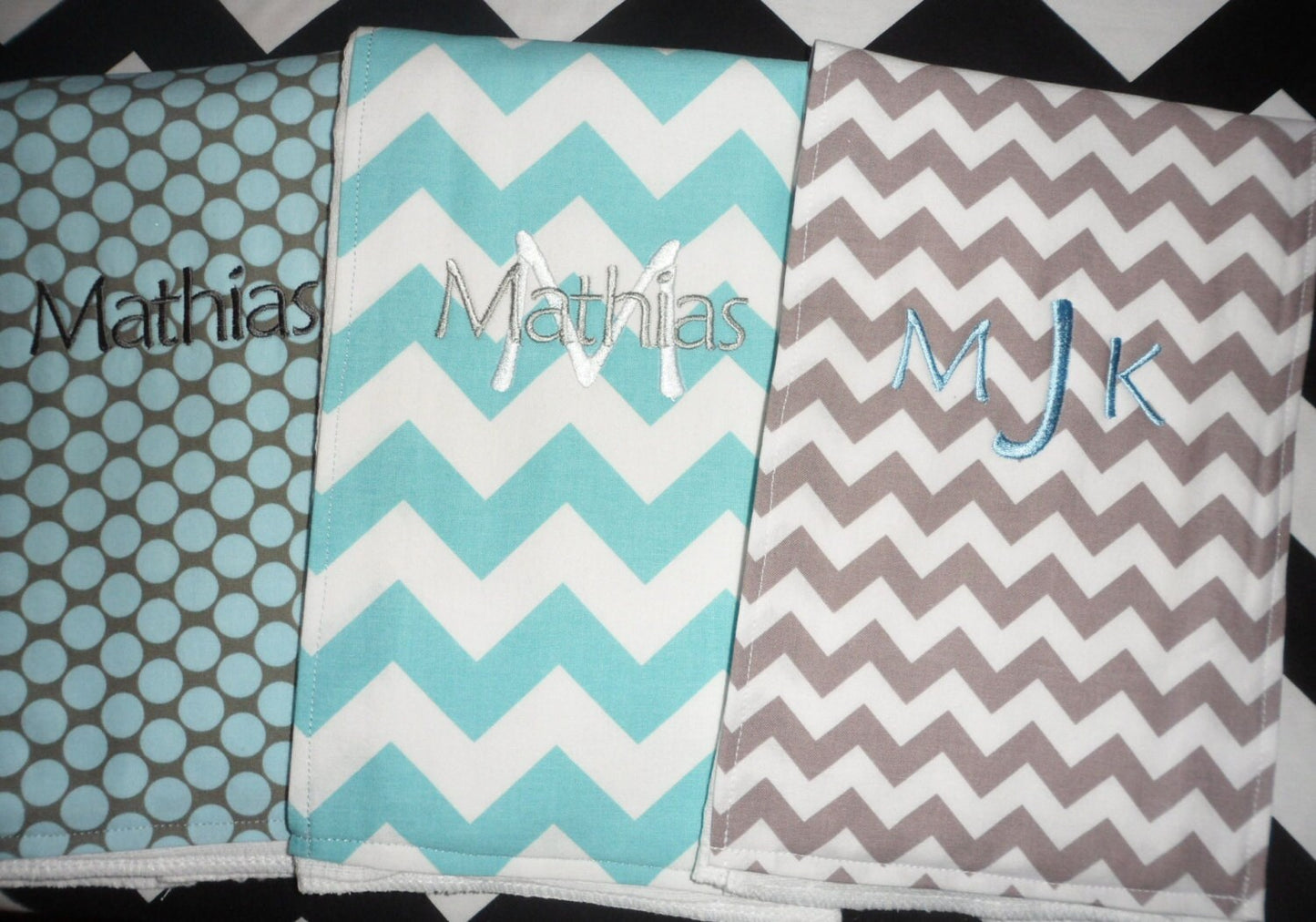 Personalized Burp Cloth Set of 3 - Grey Chevron, Blue Slate Polka Dots, Blue Chevron