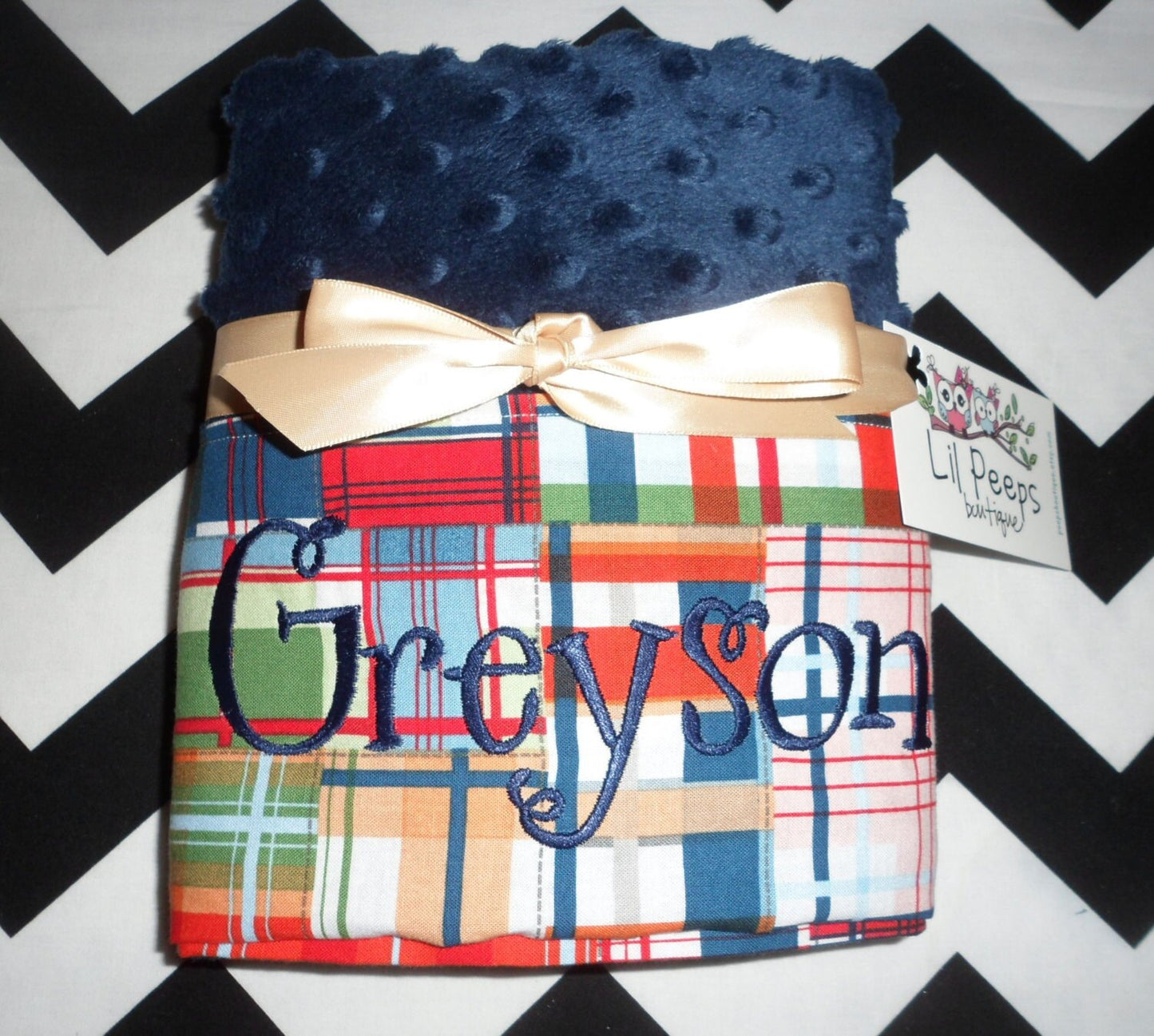 Pillowcase -Personalized Minky Pillowcase  -Navy Minky with Madras