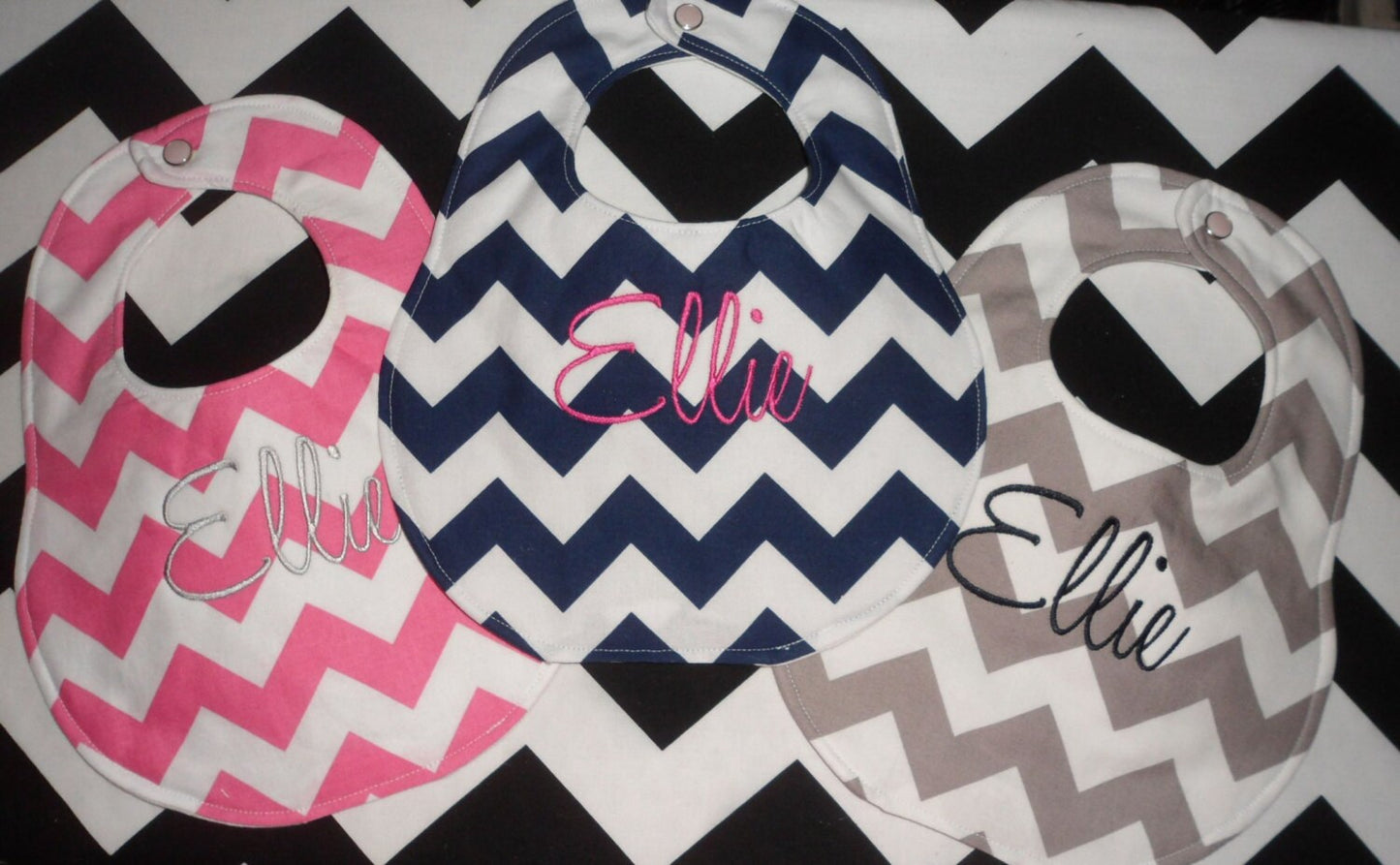 Set of 3 Personalized Bibs-  Chevron- Navy, Hot Pink & Grey