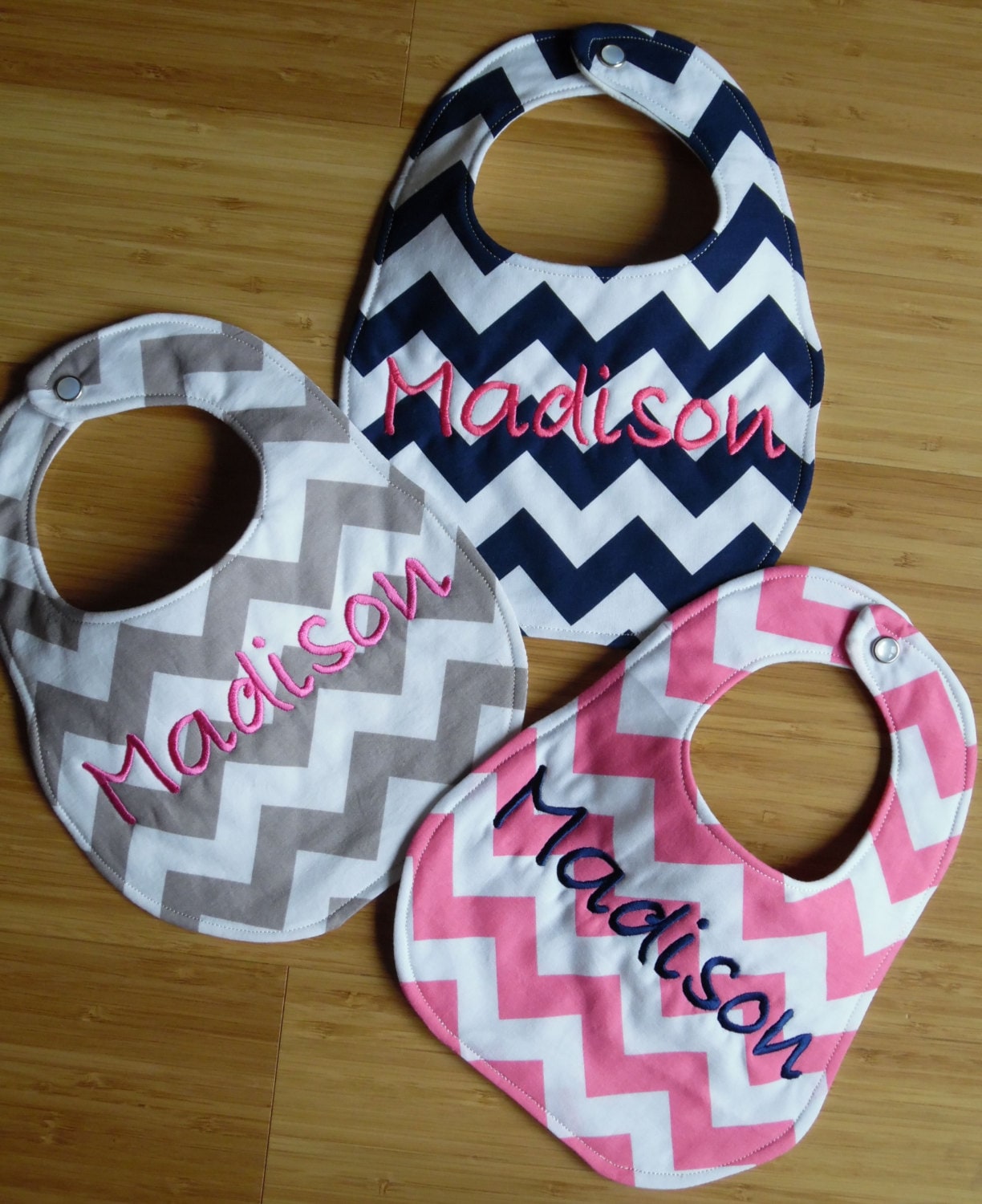 Set of 3 Personalized Bibs-  Chevron- Navy, Hot Pink & Grey