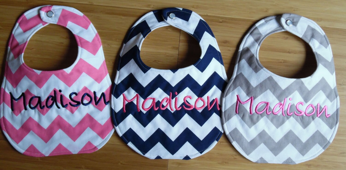 Set of 3 Personalized Bibs-  Chevron- Navy, Hot Pink & Grey