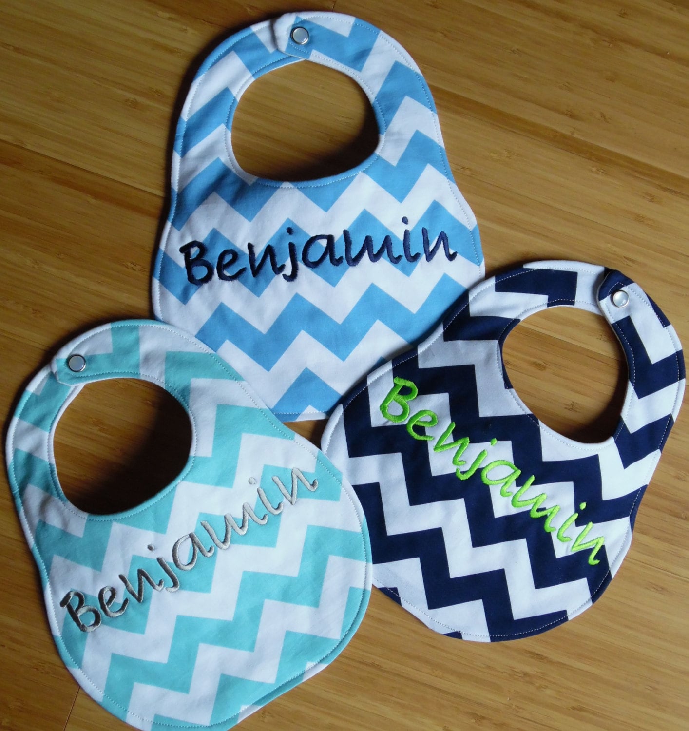 Set of 3 - Personalized Bib Set - Blue Chevron Set