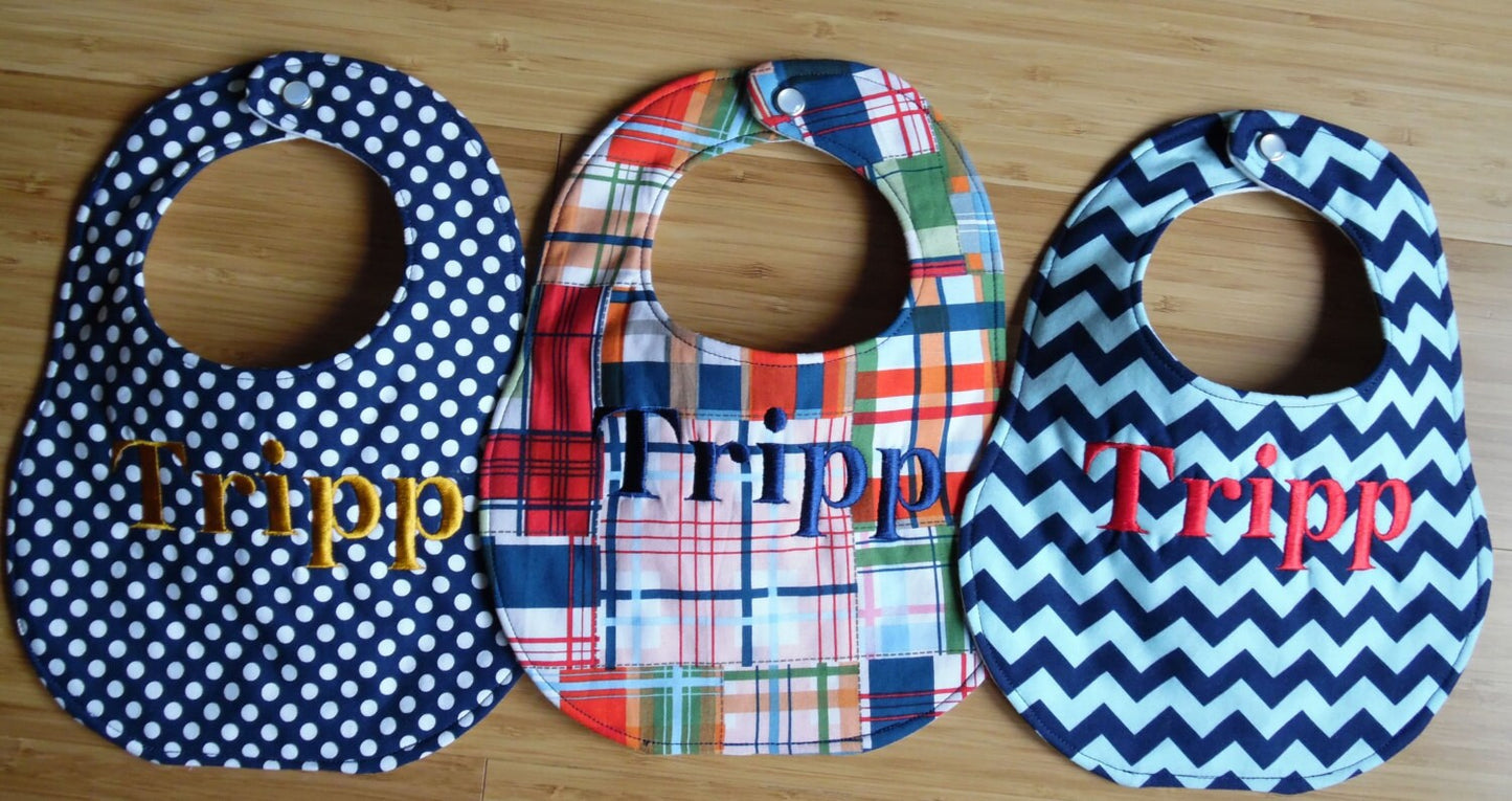 Set of 3 Personalized bibs - Madras, Navy Polka Dots, Navy and Aqua Chevron