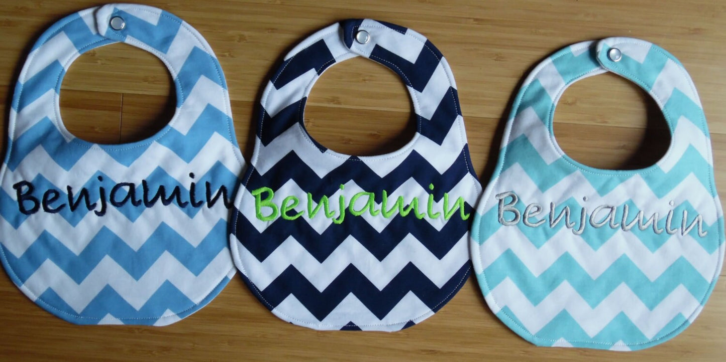 Set of 3 - Personalized Bib Set - Blue Chevron Set