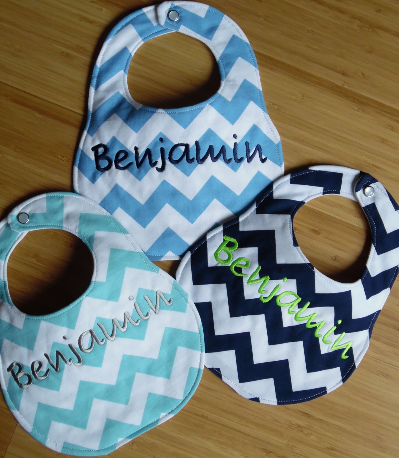 Set of 3 - Personalized Bib Set - Blue Chevron Set