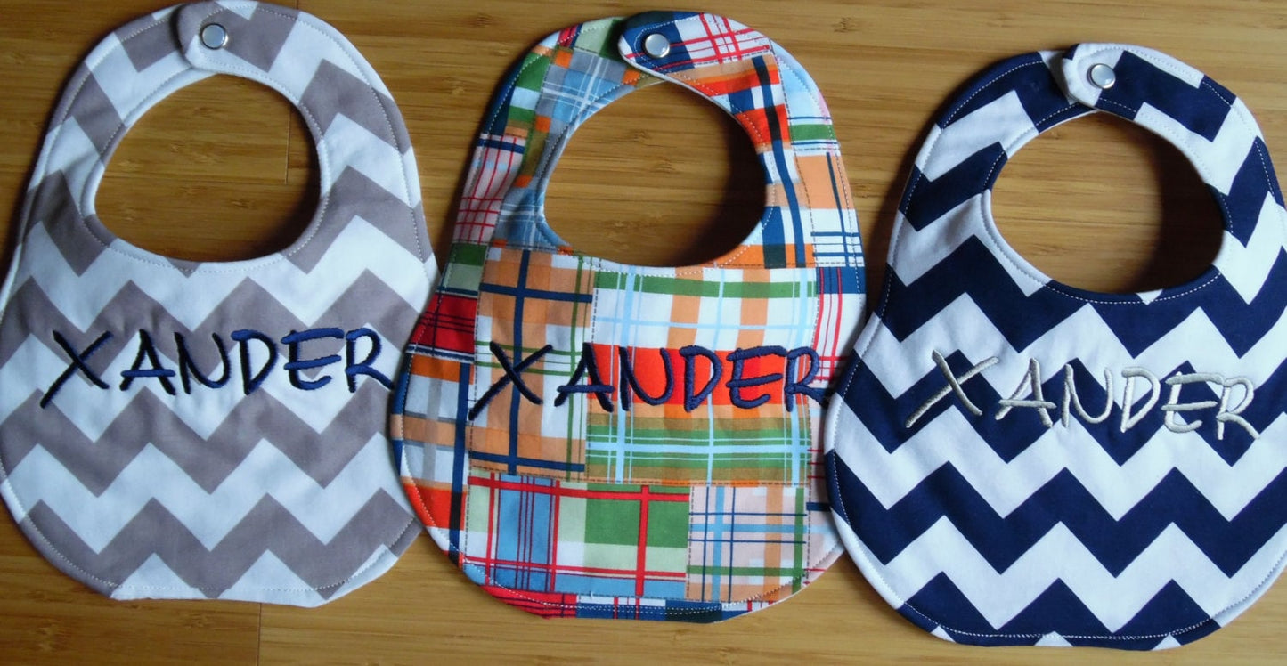 Set of 3 Personalized Bibs - Navy & Grey Chevron and Madras